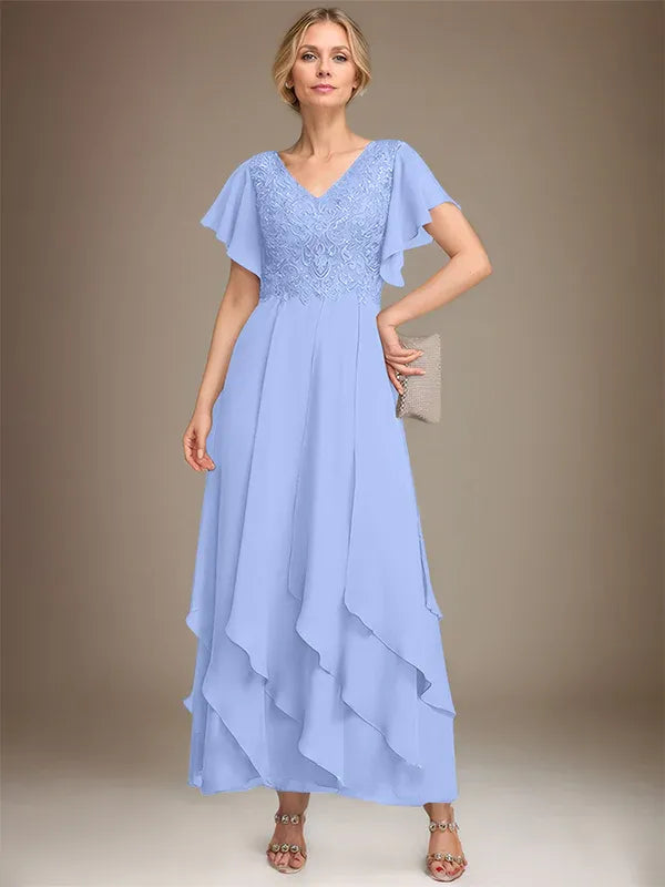 Robe de mère de la mariée trapèze, col en V, longueur cheville, en mousseline de soie et dentelle, avec volants en cascade 