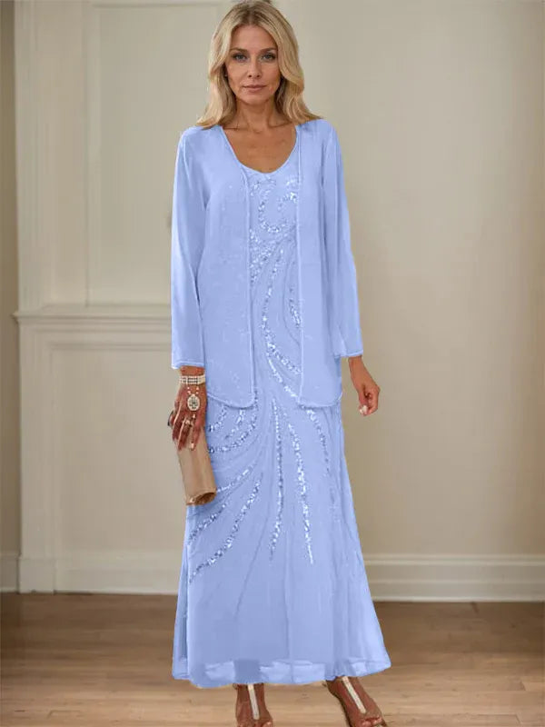 Robe de mère de la mariée fourreau/colonne, col en V, longueur cheville, avec veste et paillettes 