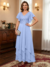 A-line V-Neck Ankle-Length Lace Chiffon Mother of the Bride Dress With Cascading Ruffles