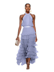 A Line Pink Chiffon Halter Neck Sleeveless Ankle Length Dress With Cascading Ruffles