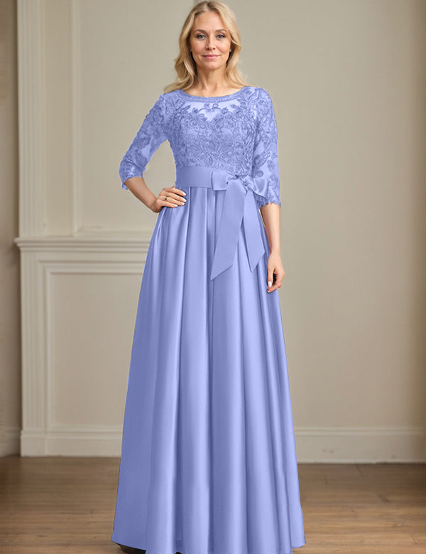 A-line Scoop Illusion Floor-Length Satin Lace Mother of the Bride Dress With Sequins Bow