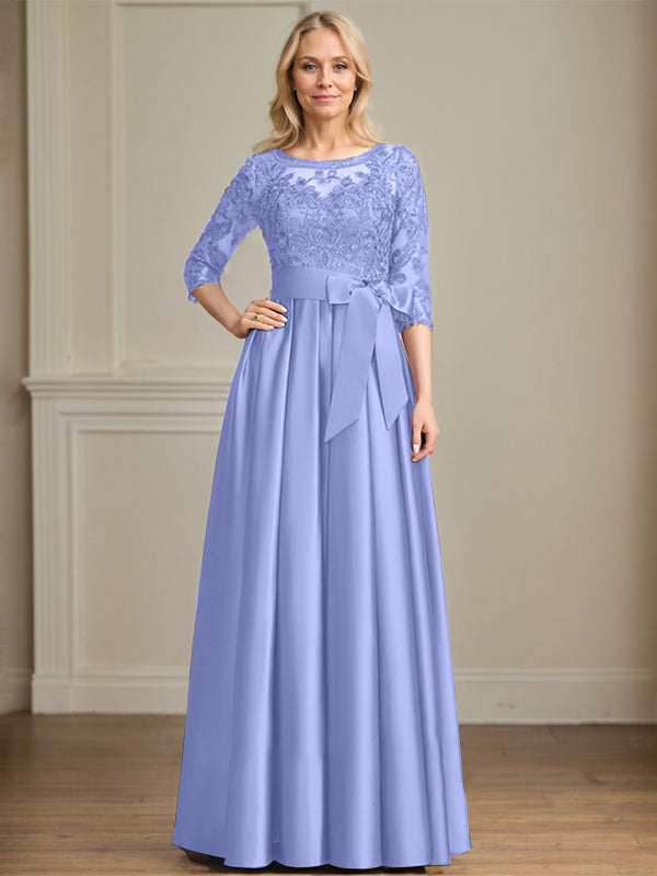 A-line Scoop Illusion Floor-Length Satin Lace Mother of the Bride Dress With Sequins Bow