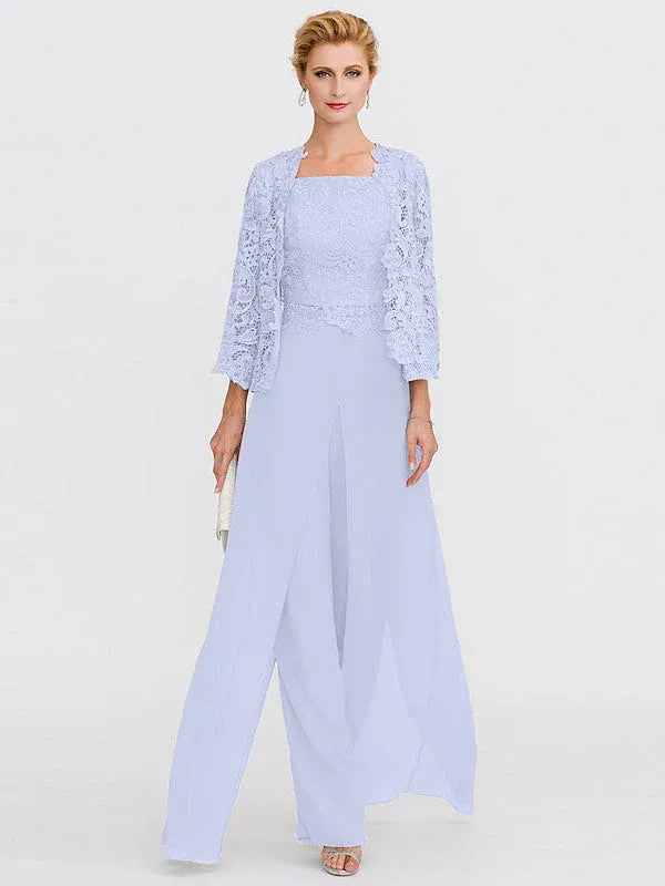 Ensemble 3 pièces en mousseline de soie avec col carré et veste pour mère de la mariée 