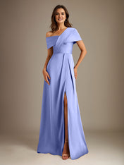 A-Line Asymmetrical Neckline Floor-Length Satin Mother of the Bride Dress With Pleated