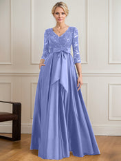 A-line V-Neck Floor-Length Satin Lace Mother of the Bride Dress With Sequins Bow