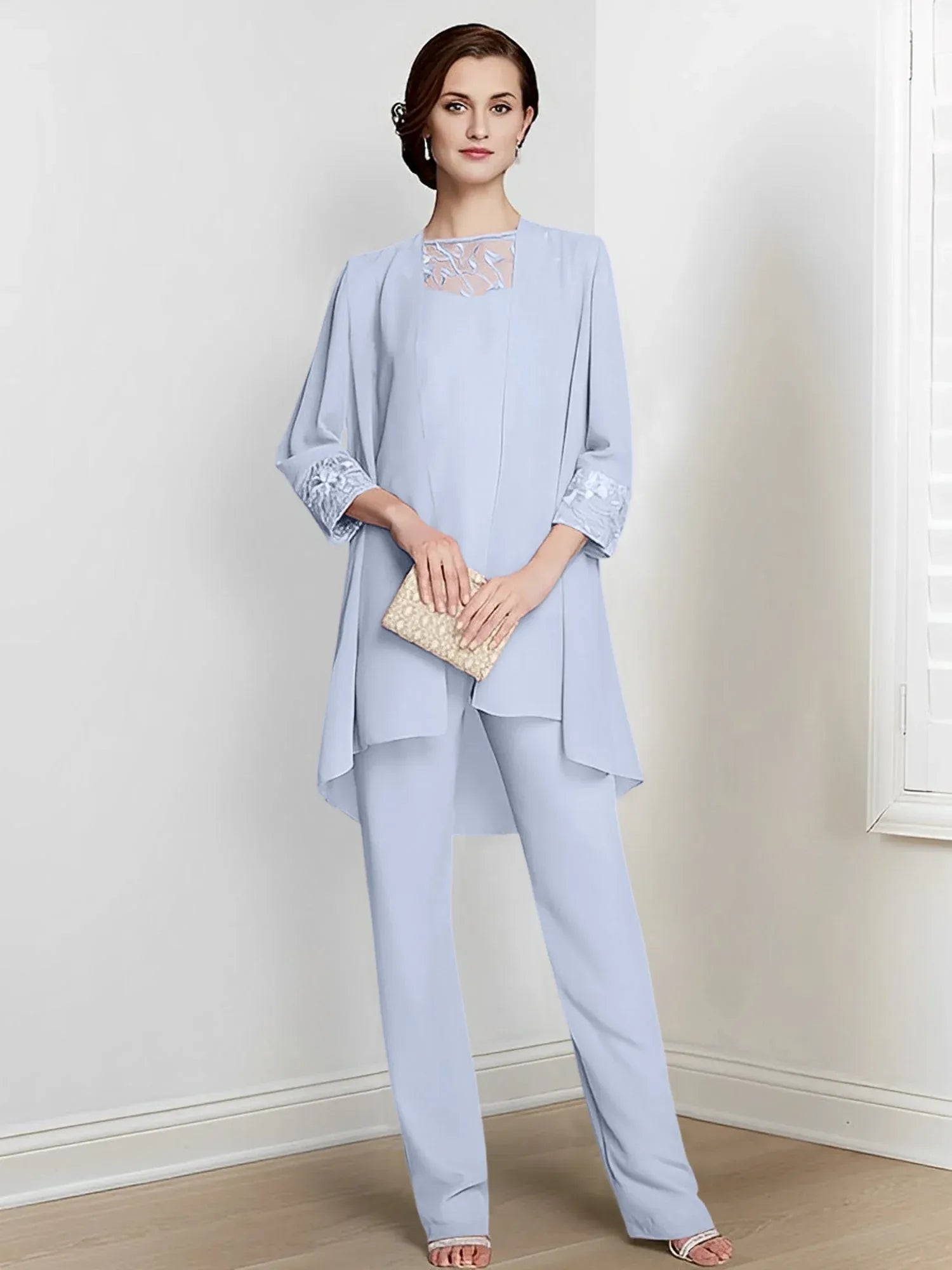 Tailleur-pantalon en mousseline à manches longues pour mère de la mariée avec veste 