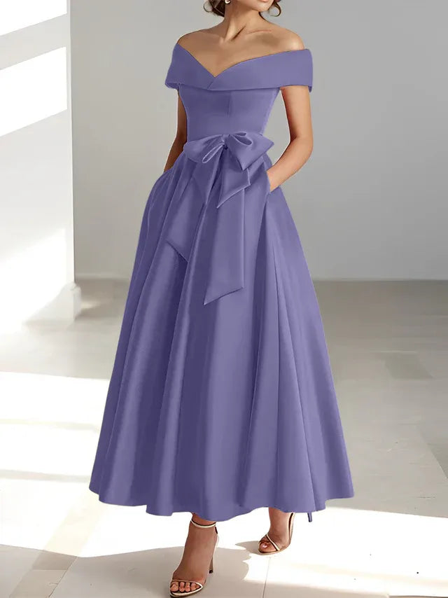 Princess Off-the-Shoulder Sleeveless Ankle-Length Mother of the Bride Dresses with Pockets