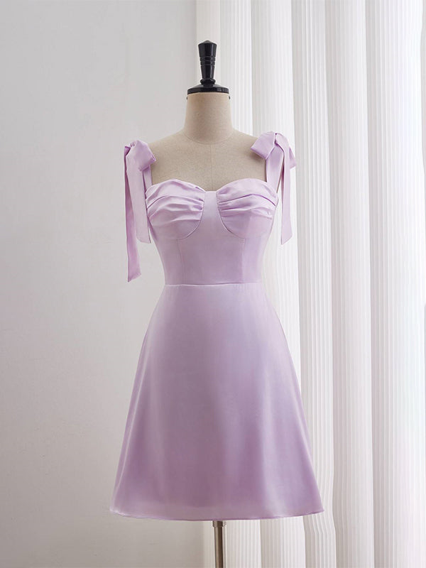 Lavender A-line Bow Tie Ruched Short Homecoming Dress