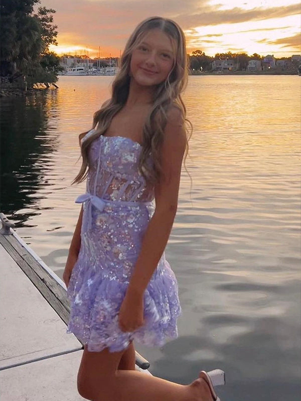 Lavender A-line Strapless Sequin Ruffle Hem Short Homecoming Dress