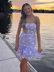 Lavender A-line Strapless Sequin Ruffle Hem Short Homecoming Dress