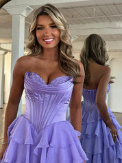 Yellow A Line Strapless Satin Corset Long Prom Dress with Ruffle Skirt