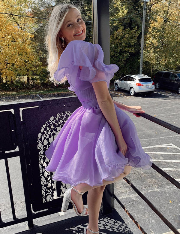 Lavender A Line Surplice Ruffles Straps Tulle Homecoming Dress