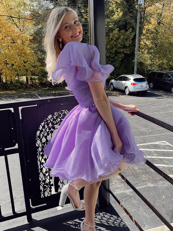 Lavender A Line Surplice Ruffles Straps Tulle Homecoming Dress