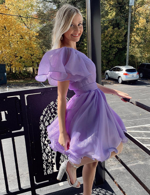 Lavender A Line Surplice Ruffles Straps Tulle Homecoming Dress