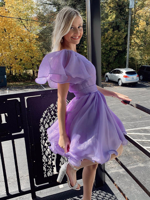 Lavender A Line Surplice Ruffles Straps Tulle Homecoming Dress