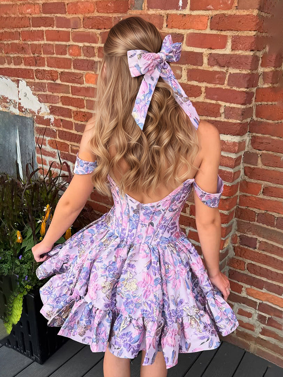 Lavender Floral Off Shoulder Brocade Homecoming Dress with Ruffled