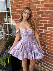 Lavender Floral Off Shoulder Brocade Homecoming Dress with Ruffled