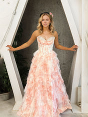 Lavender Floral Strapless Ruffled Tiered Corset Long Prom Dress