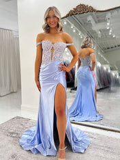 Pink Mermaid Off-Shoulder Sweetheart Appliques Pleated Prom Dress with Slit