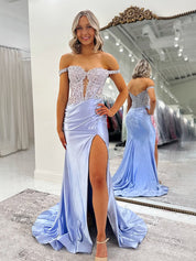 Pink Mermaid Off-Shoulder Sweetheart Appliques Pleated Prom Dress with Slit