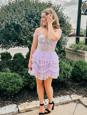Lavender Off the Shoulder Sequin Ruffle Short Homecoming Dress