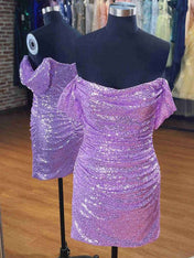 Lavender Off the Shoulder Sequin Short Homecoming Dress