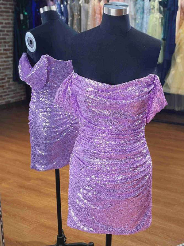 Lavender Off the Shoulder Sequin Short Homecoming Dress