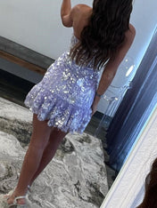 Lavender Sequin Lace Strapless Short Homecoming Dress with Ruffles