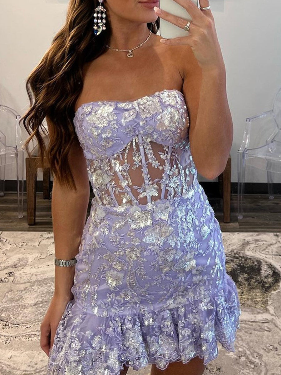 Lavender Sequin Lace Strapless Short Homecoming Dress with Ruffles