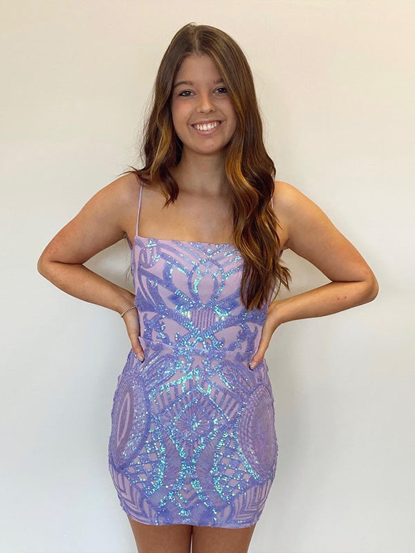Lavender Sequin Spaghetti Straps Bodycon Homecoming Dress