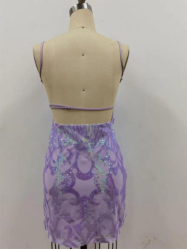 Lavender Sequin Spaghetti Straps Bodycon Homecoming Dress