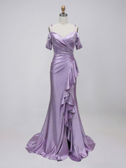 Lavender Shimmer Cold-Shoulder Prom Dress with Cascading Ruffled Slit