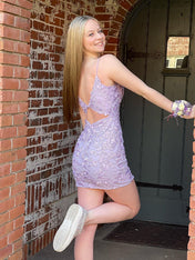 Lavender Spaghetti Straps Bodycon Homecoming Dress with Appliques
