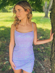 Lavender Spaghetti Straps Corset Back Sequin Homecoming Party Dress