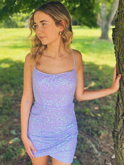 Lavender Spaghetti Straps Corset Back Sequin Homecoming Party Dress