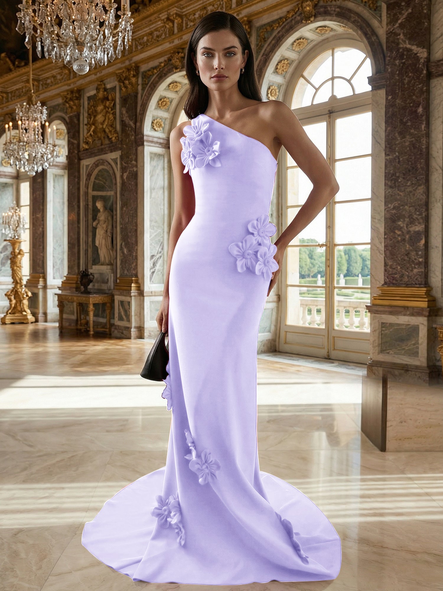 A Line One Shoulder Sleeveless Floor Length Stretch Crepe Dress With 3D Flowers