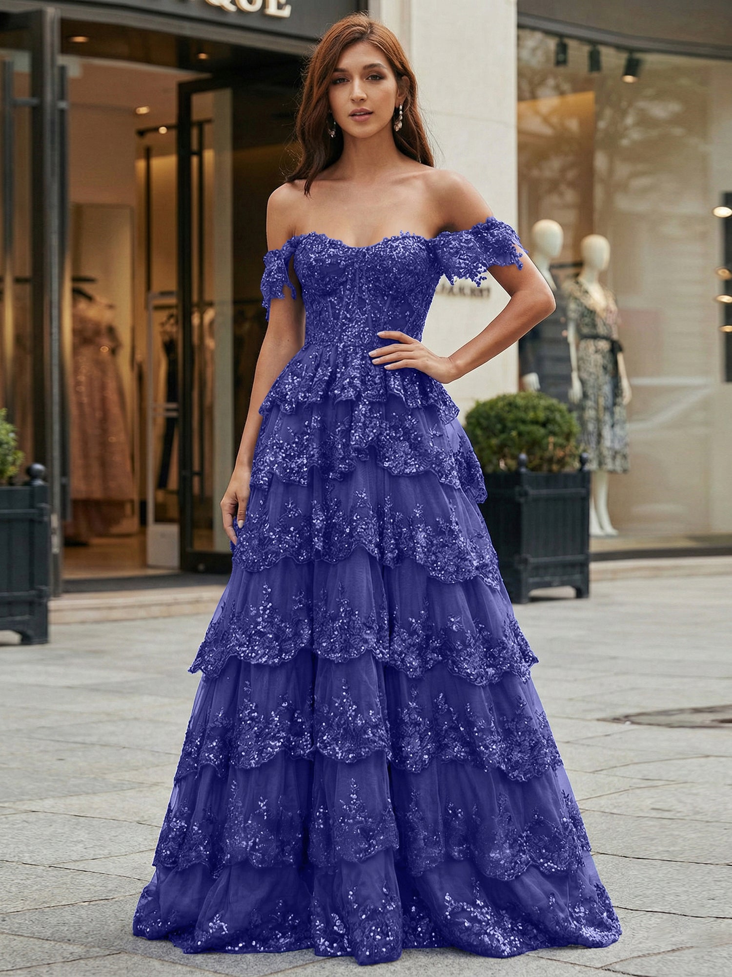 Royal Blue Off-the-Shoulder Sequin Lace Tiered Corset Prom Dress