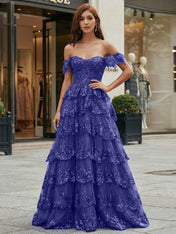 Royal Blue Off-the-Shoulder Sequin Lace Tiered Corset Prom Dress