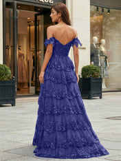 Royal Blue Off-the-Shoulder Sequin Lace Tiered Corset Prom Dress