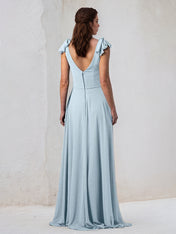 Light Blue A Line Chiffon A Line V Neck Sleeveless Floor Length Bridesmaid Dress