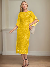 Sheath/Column Scoop Tea-Length Lace Chiffon Mother of the Bride Dress