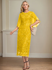 Sheath/Column Scoop Tea-Length Lace Chiffon Mother of the Bride Dress