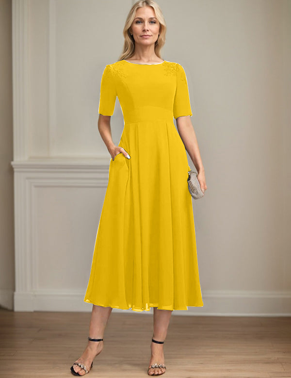 A-line Scoop Tea-Length Chiffon Mother of the Bride Dress With Appliques Lace Sequins