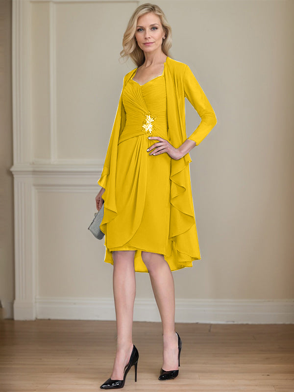 Column Sweetheart Knee-Length Chiffon Mother of the Bride Dress With Beading Appliques Lace Sequins Pleated