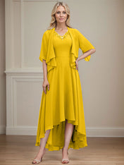 A-line V-Neck Asymmetrical Chiffon Mother of the Bride Dress With Beading Sequins