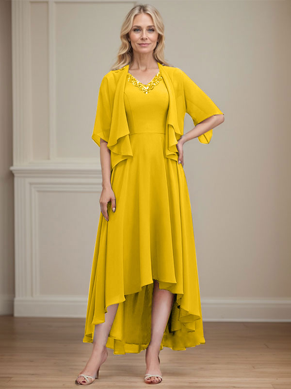A-line V-Neck Asymmetrical Chiffon Mother of the Bride Dress With Beading Sequins