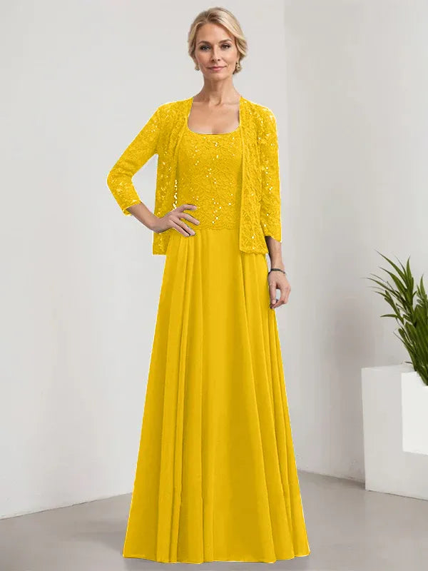 Robe de mère de la mariée trapèze carrée, longueur au sol, en mousseline de soie et dentelle, avec paillettes 