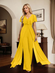 Jumpsuit/Pantsuit V-Neck Floor-Length Chiffon Evening Dress