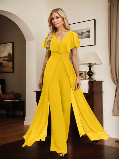 Pantsuit V-Neck Floor-Length Chiffon Evening Dress