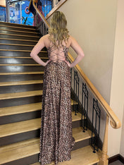 Leopard Print A-Line Deep V-Neck Prom Dress with Slit